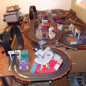 Slot car tracks, cars and accessories